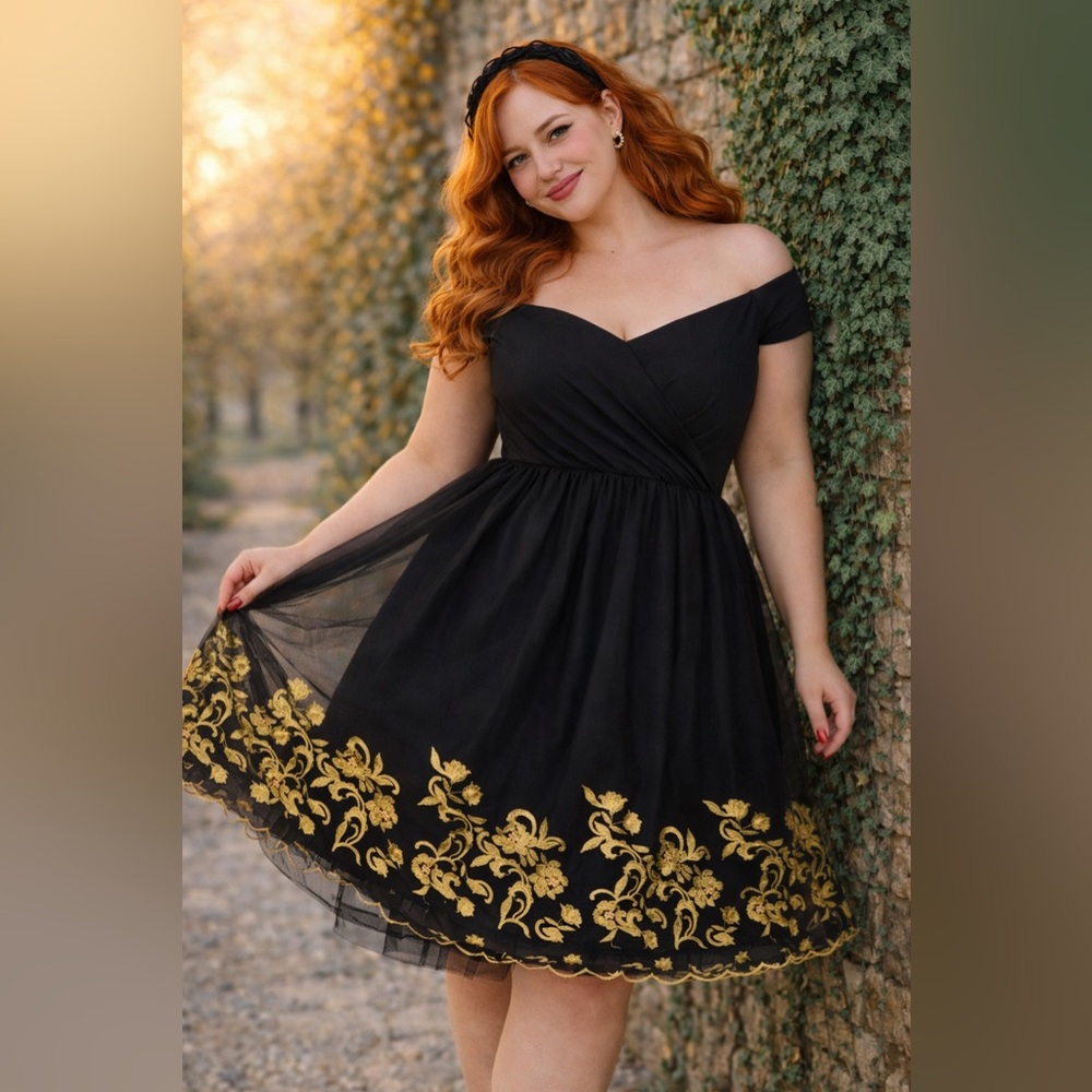 Torrid Retro Chic Black & Gold Embroidered Tulle Swing Dress, Size 14, NWT! - Picture 5 of 16